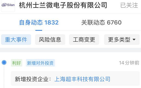 【融资】士兰微投资上海超丰科技；
