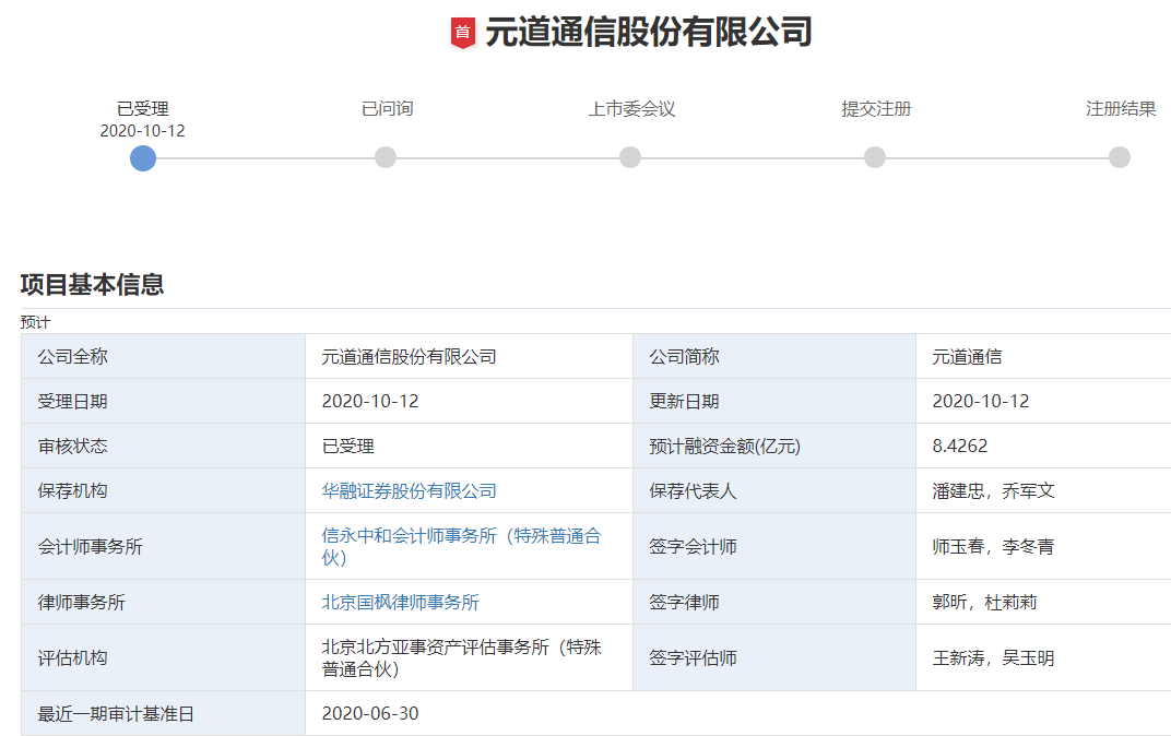 集微网消息,10月12日晚间,深交所正式受理元道通信股份有限公司(简称"