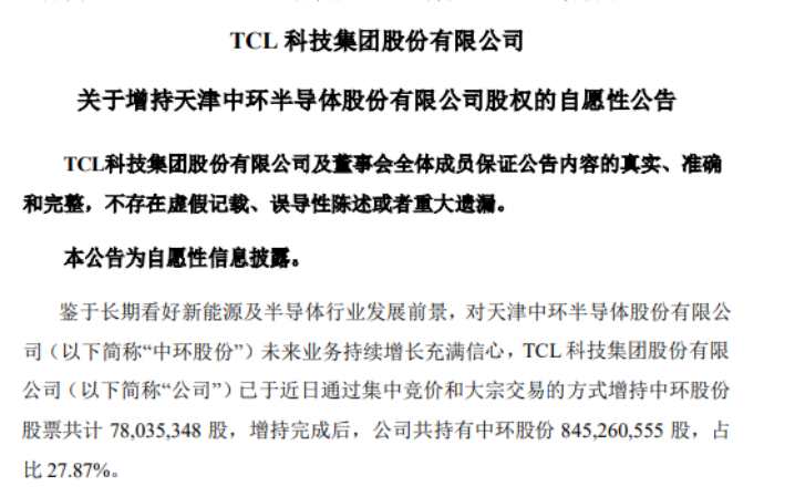 tcl科技增持中環股份7803萬股持股比例升至2787