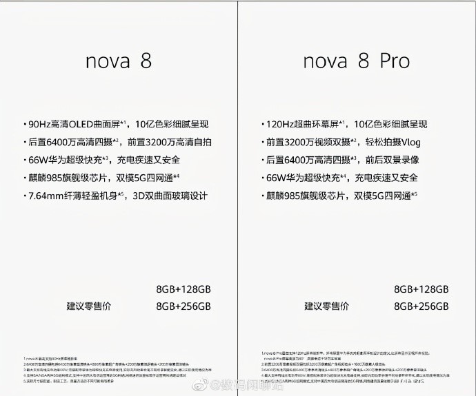 华为nova8系列硬件参数曝光,搭载麒麟985芯片