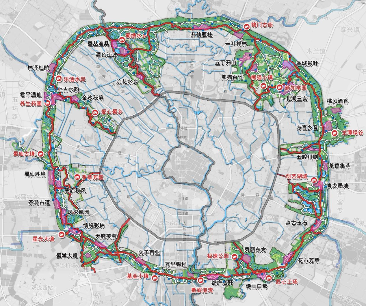 其中,锦城绿道项目建成后,将形成500公里绿道,4级配套服务体系(即16个
